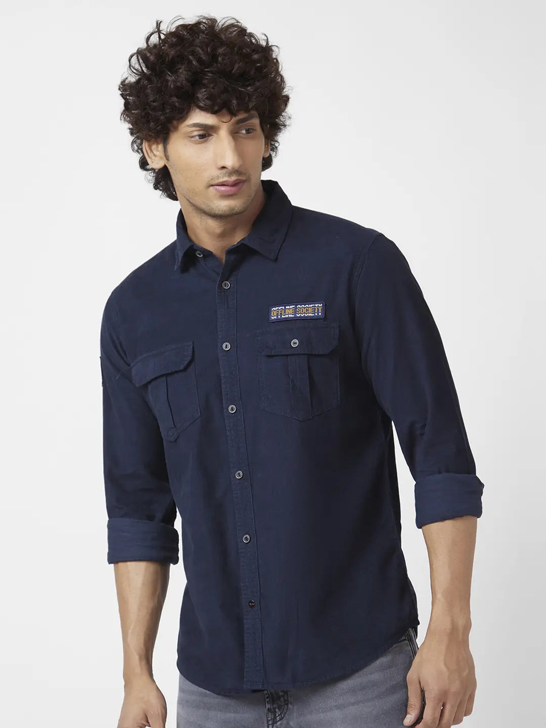 Spykar Men Navy Blue Dyed Regular Slim Fit Full Sleeve Denim Shirt
