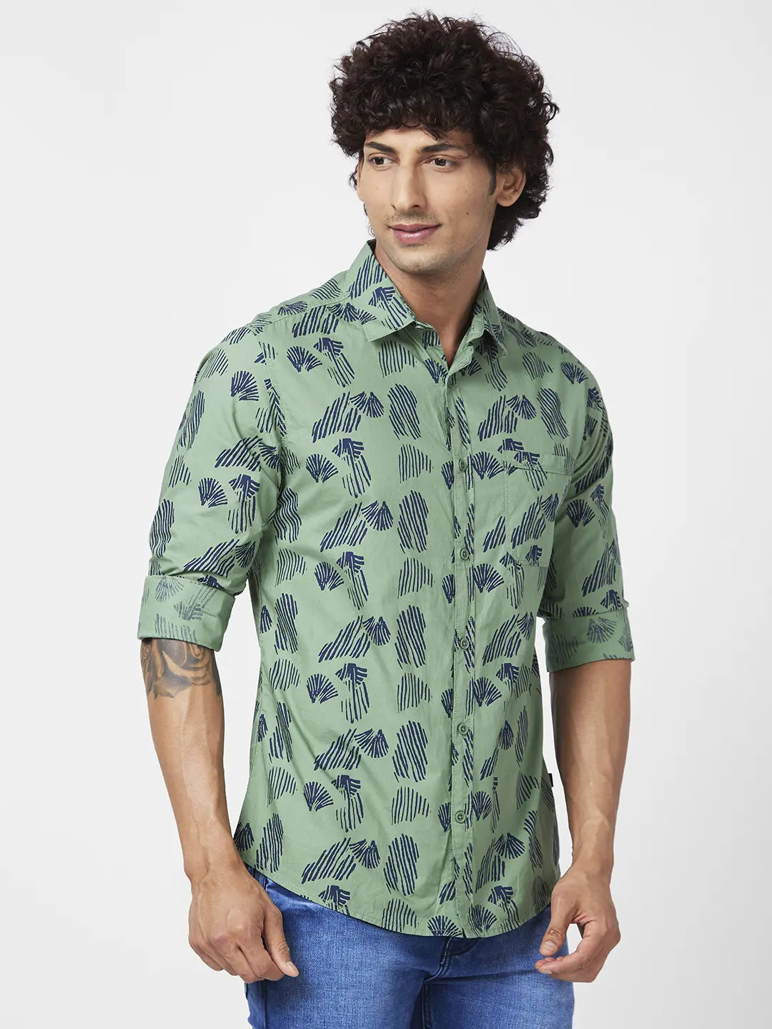 Spykar Men Sage Green Poplin Slim Fit Full Sleeve Causal Printed Shirt