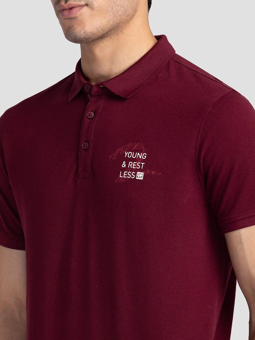 Spykar Men Wine Cotton Slim Fit Polo Plain T-Shirt