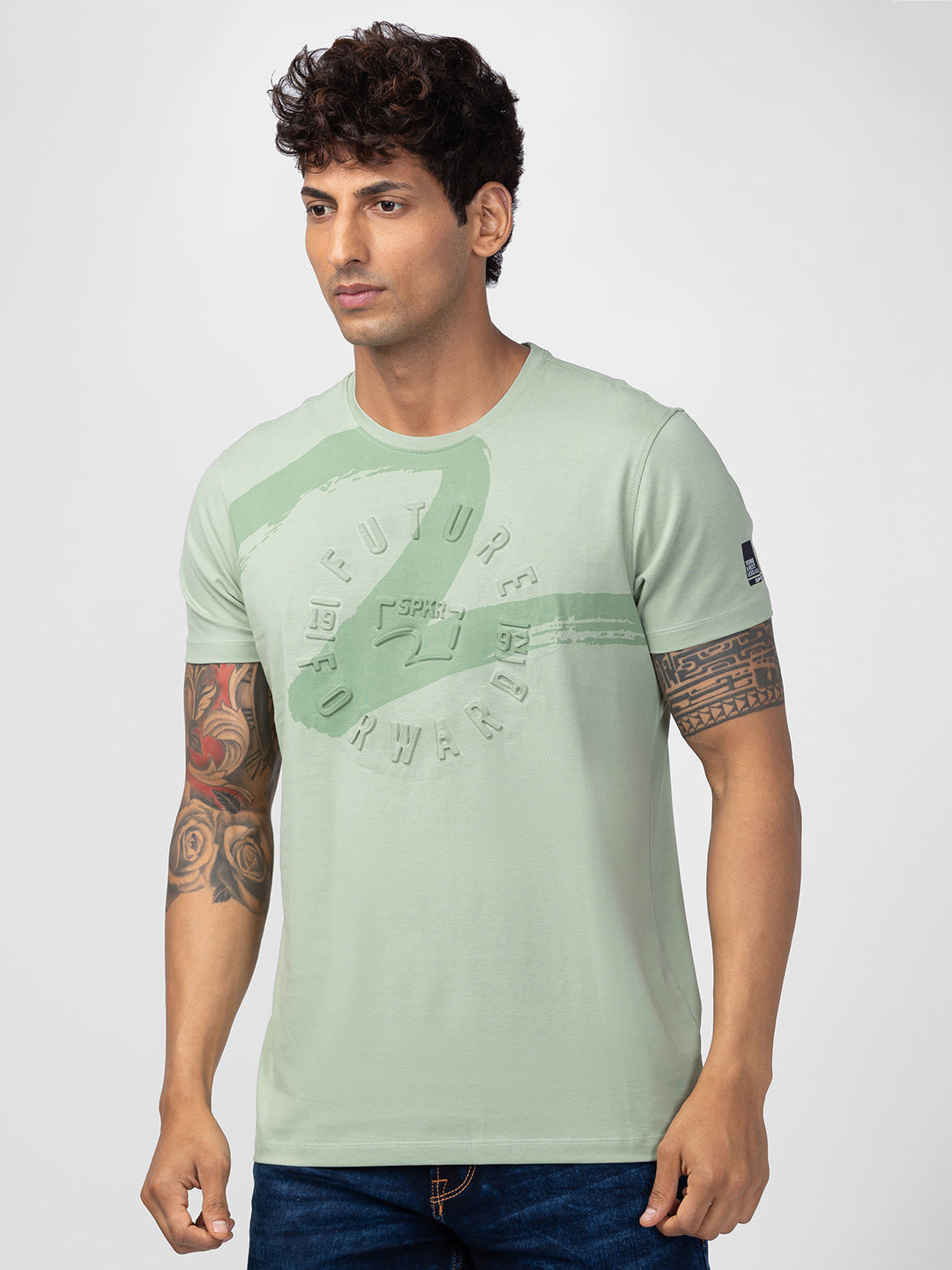 Spykar Men Dusty Green Cotton Regular Fit Half Sleeve Printed T-Shirt