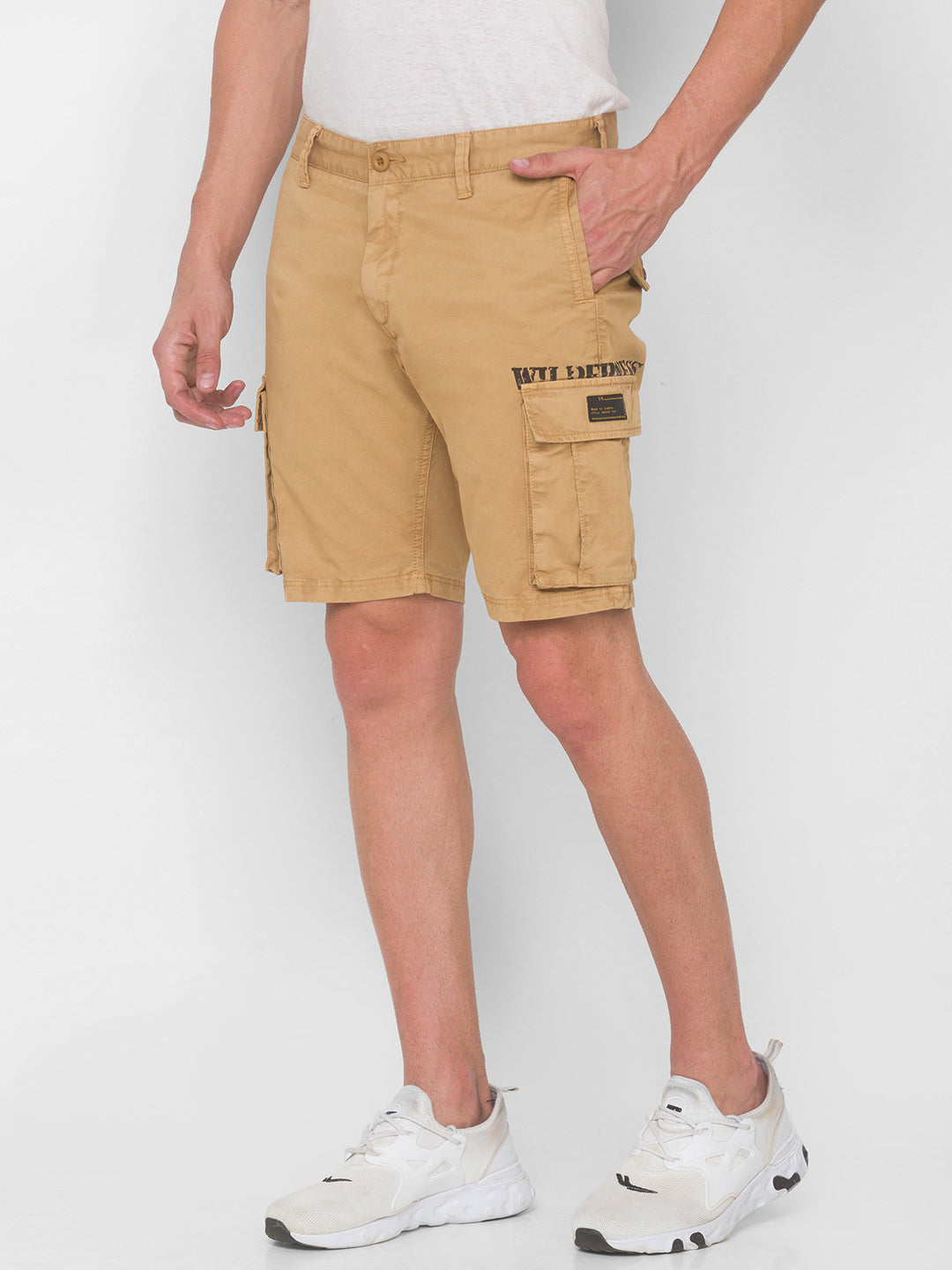 Spykar Men Camel Khaki Solid Relaxed Mid-Rise Shorts (Relaxed)