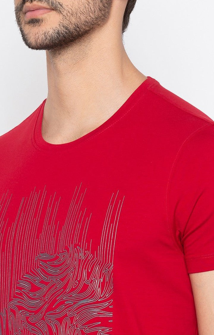 Spykar Red Cotton Slim Fit T-Shirt For Men