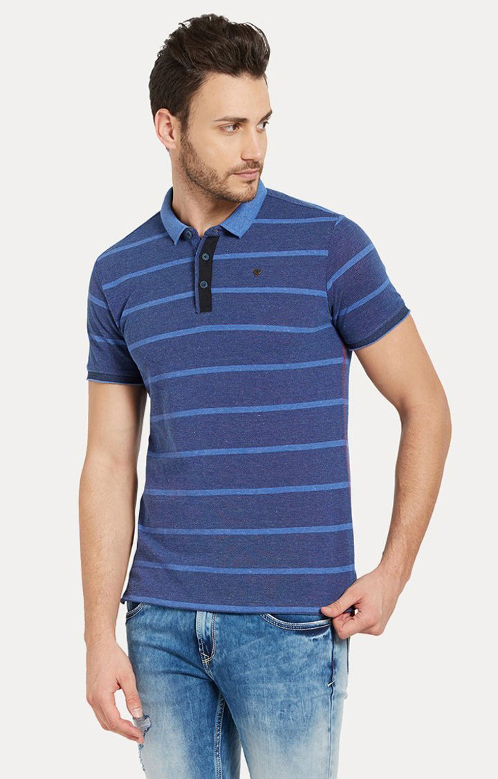 Spykar Blue Striped Slim Fit Polo T-Shirt