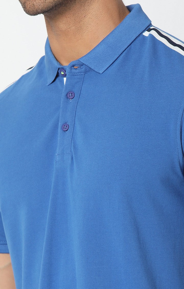 Spykar Men Blue Cotton Plain Polo T-Shirt