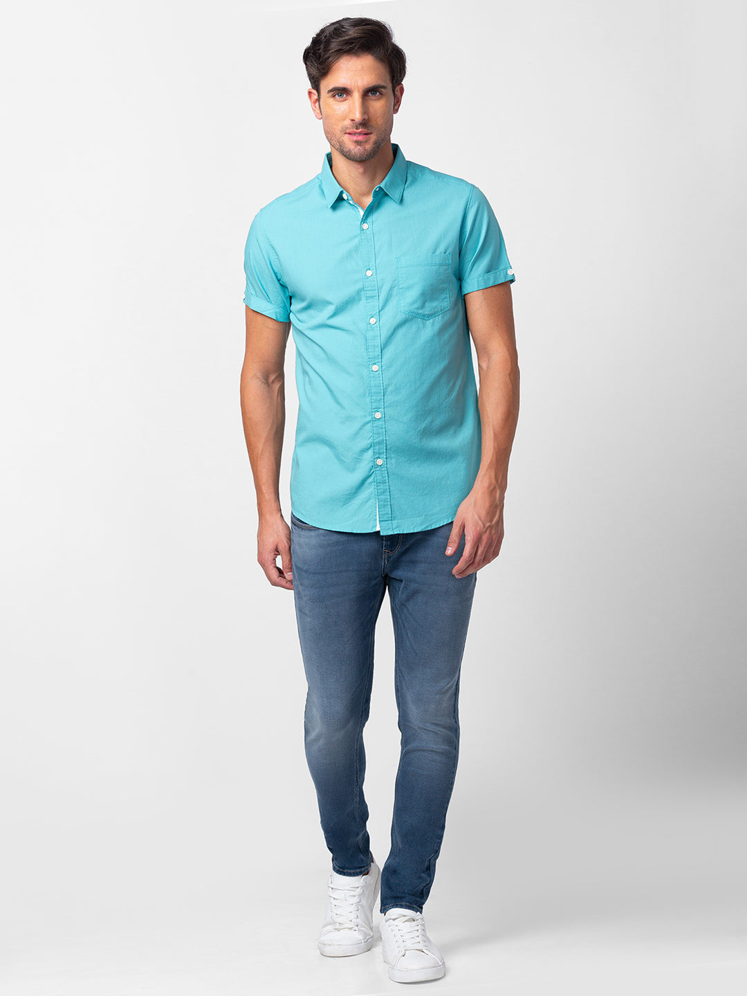 Spykar Men Cool Blue Cotton Slim Fit Plain Shirt