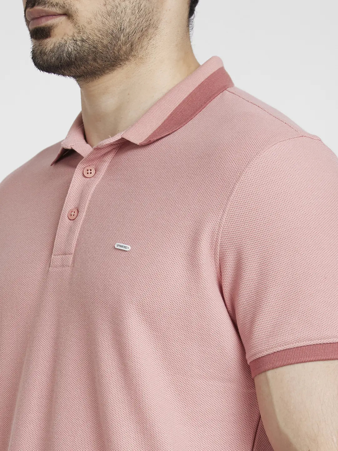 Spykar Men Dusty Pink Cotton Slim Fit Plain Polo Tshirt