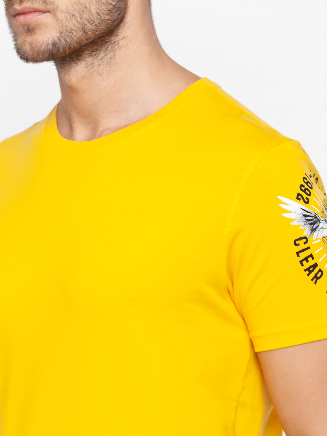 Spykar Men Yellow Cotton Slim Fit Round Neck T-Shirt