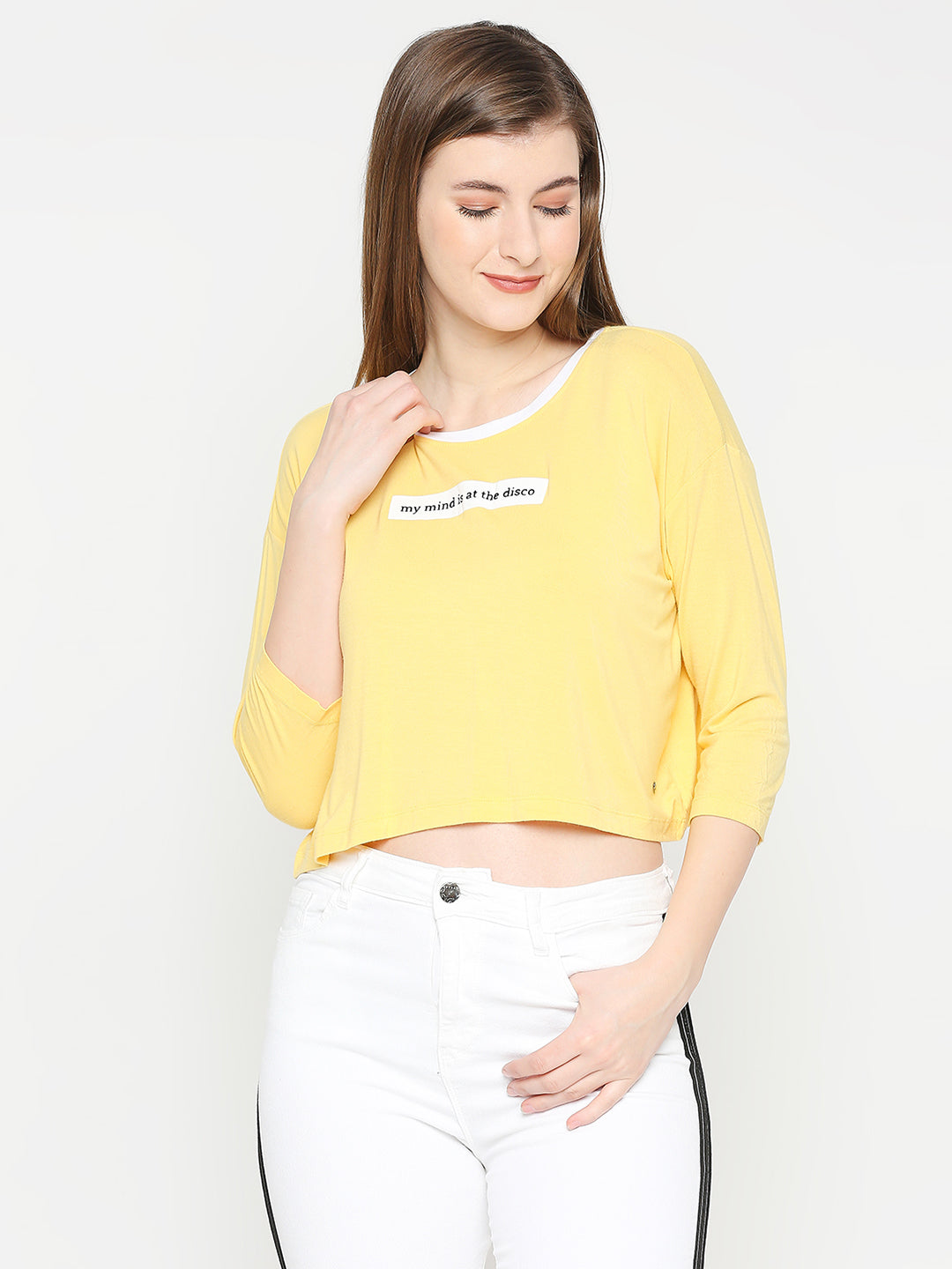 Spykar Women Yellow Blended Slim Fit Printed Crop Top