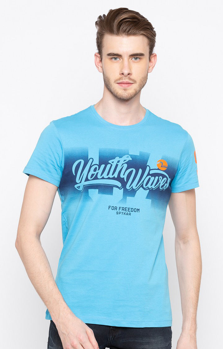 Spykar Sky Blue Printed Slim Fit Men T-Shirts