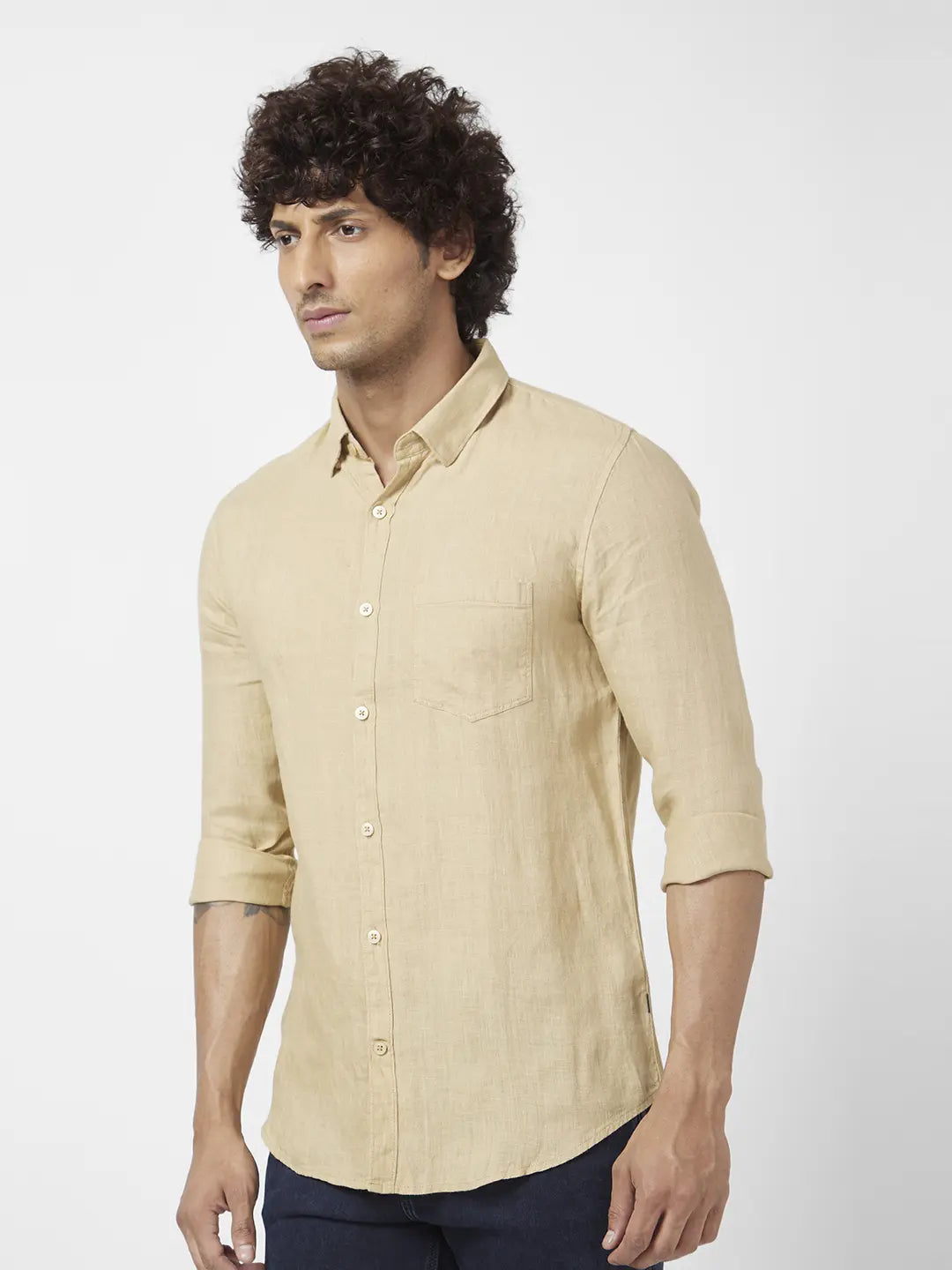 Spykar Men Camel Khaki Linen Regular Slim Fit Full Sleeve Plain Shirt