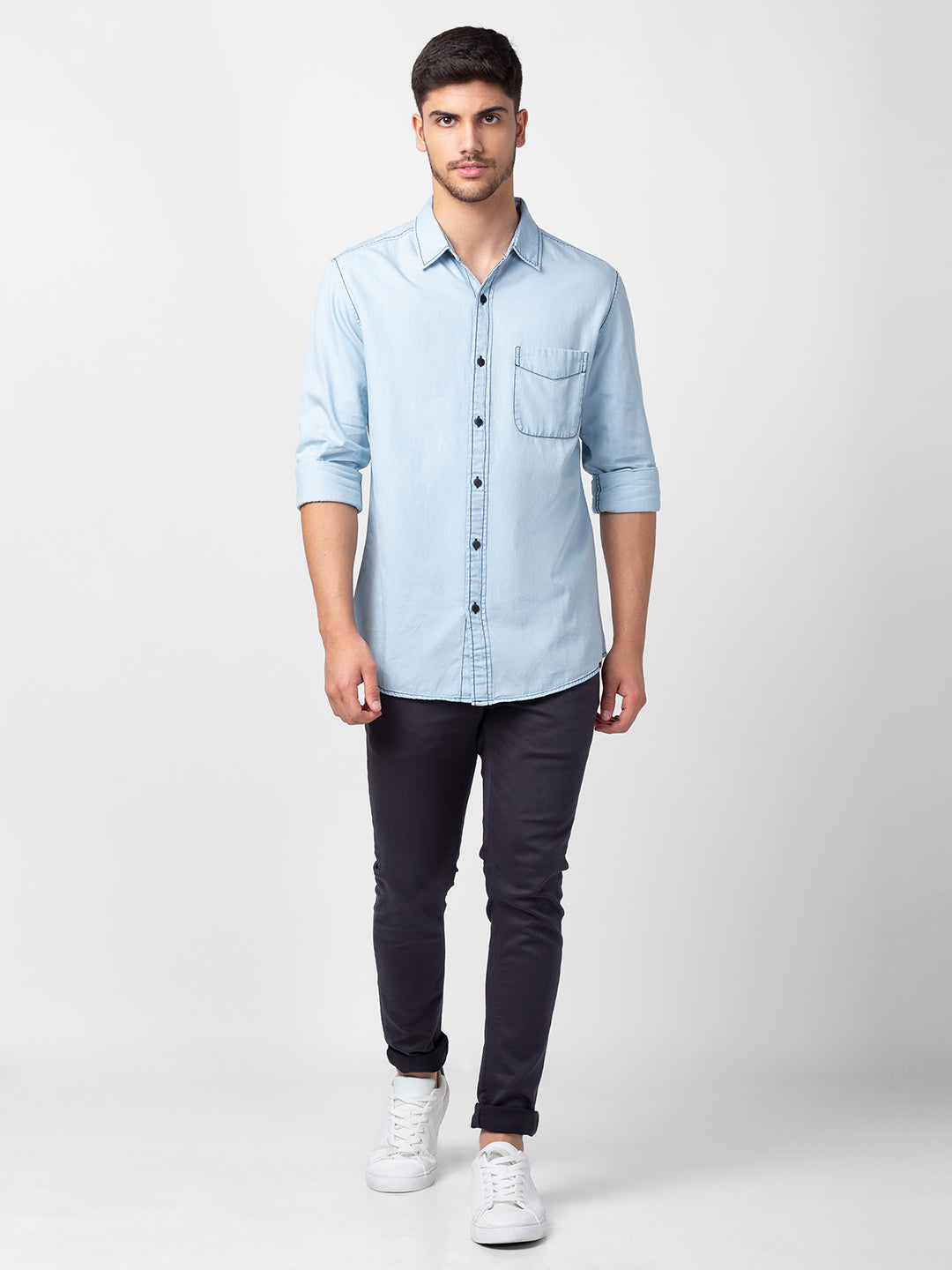 Spykar Men Light Blue Cotton Slim Fit Denim Shirt