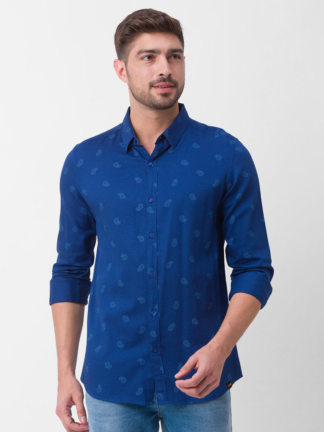 Spykar Indigo Blue Cotton Full Sleeve Printed Shirt For Men