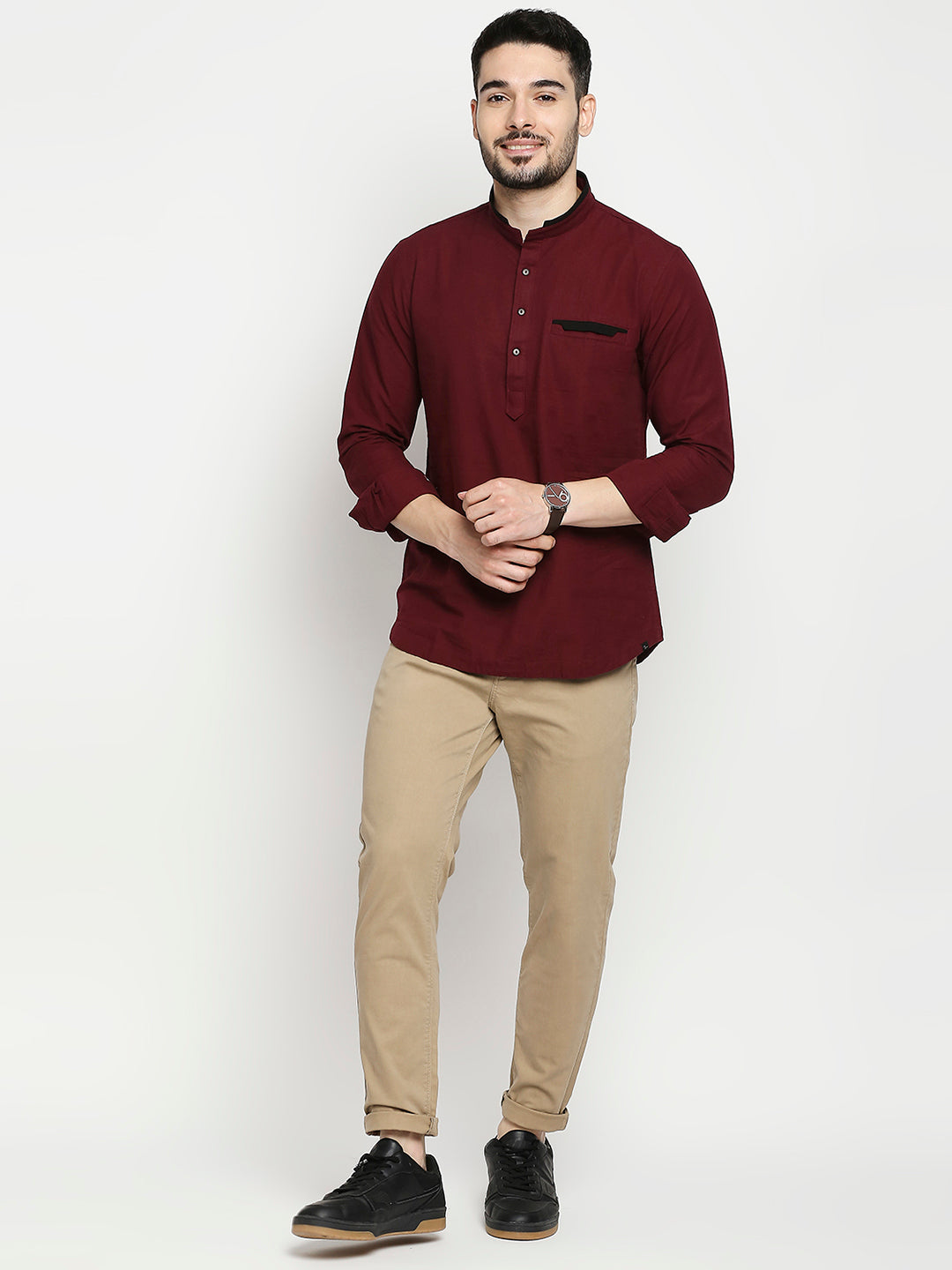 Spykar Wine Cotton Full Sleeve Plain Kurta For Men