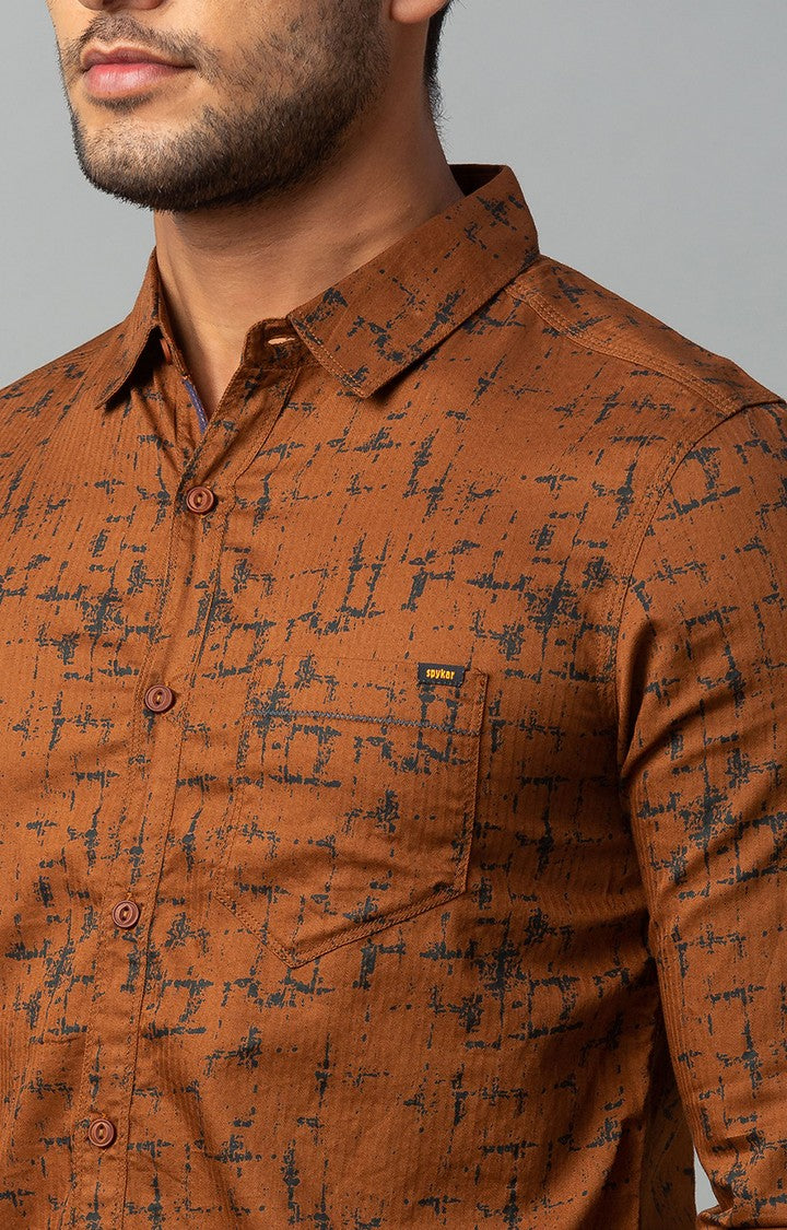 Spykar Men Brown Cotton Printed Casual Shirts