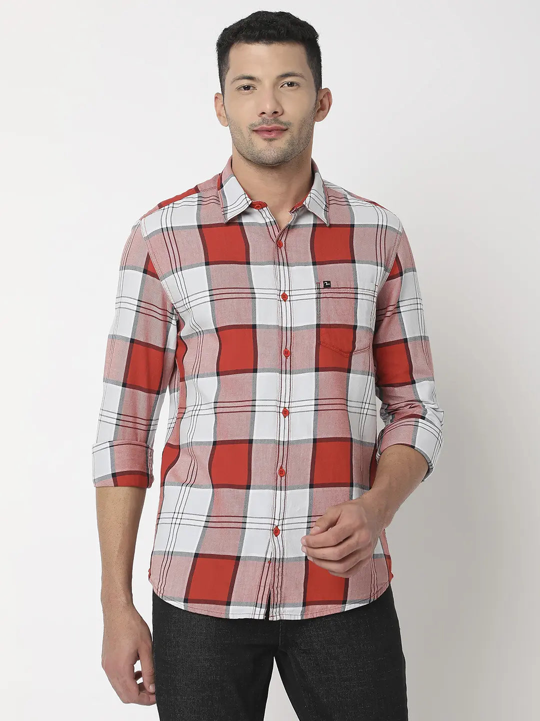 Spykar Men Brick Red Cotton Slim Fit Checkered Shirt