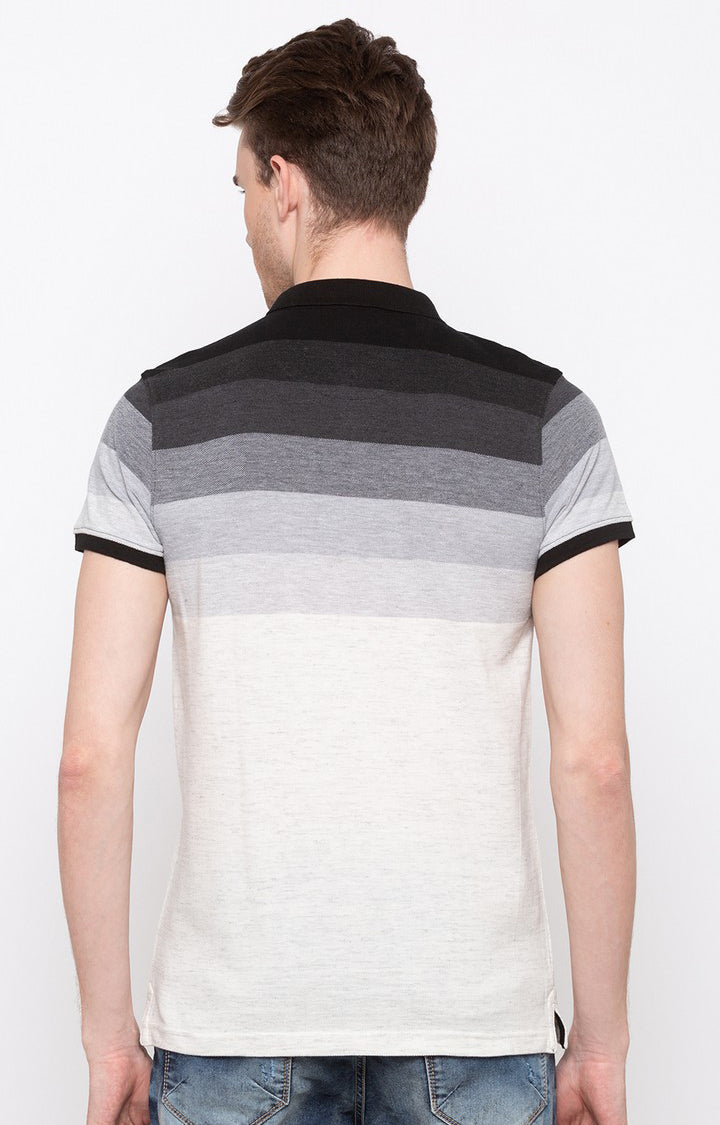 Spykar Black & White Striped Slim Fit Polo T-Shirt