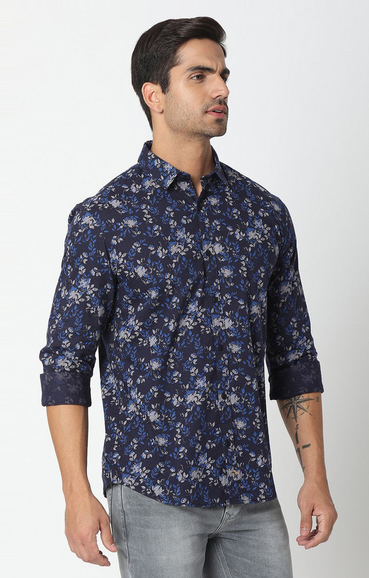 Spykar Men Blue Cotton Floral Print M and arin Collar Shirt