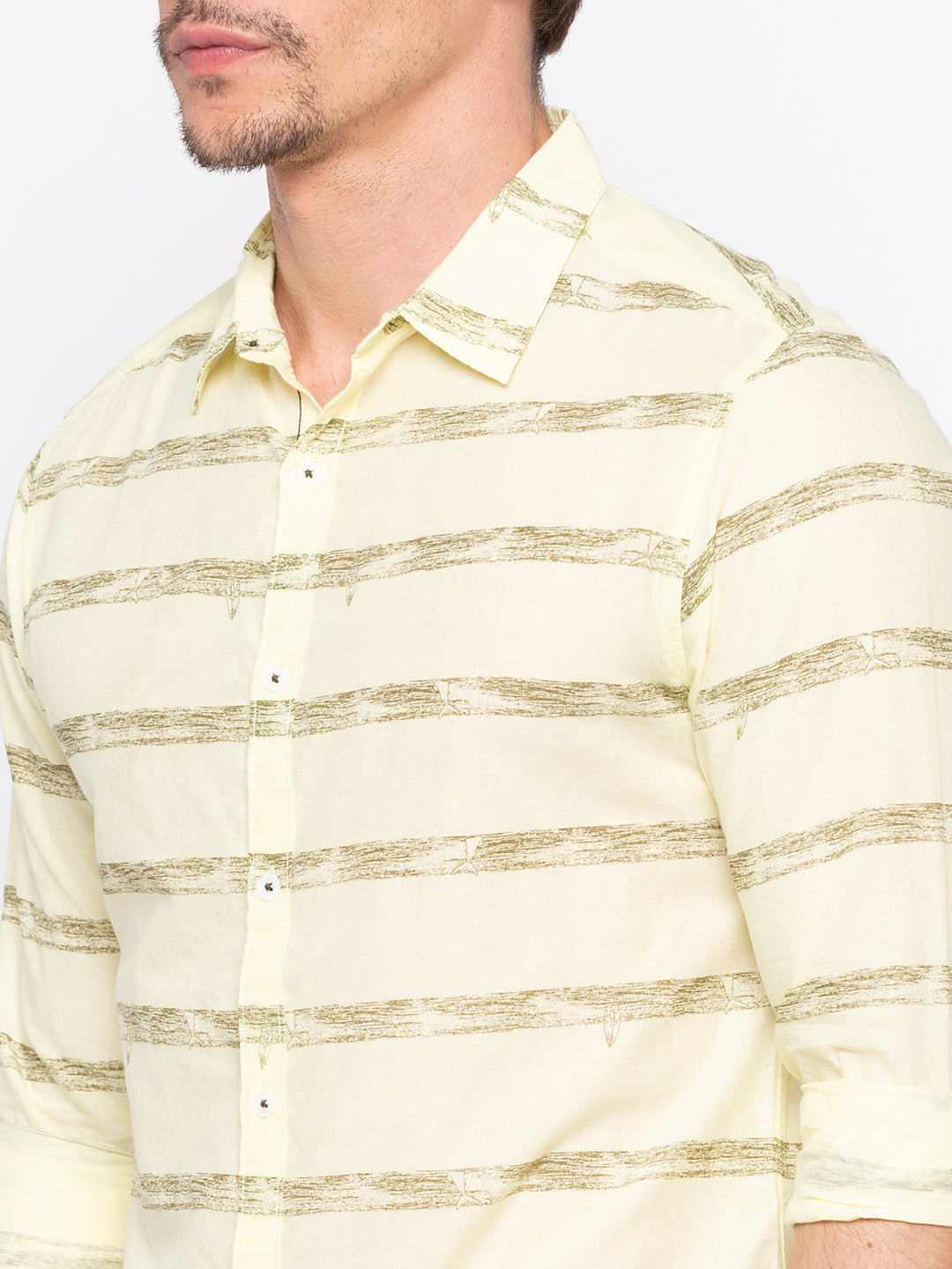 Spykar Men Yellow Striped Slim Fit Casual Shirt