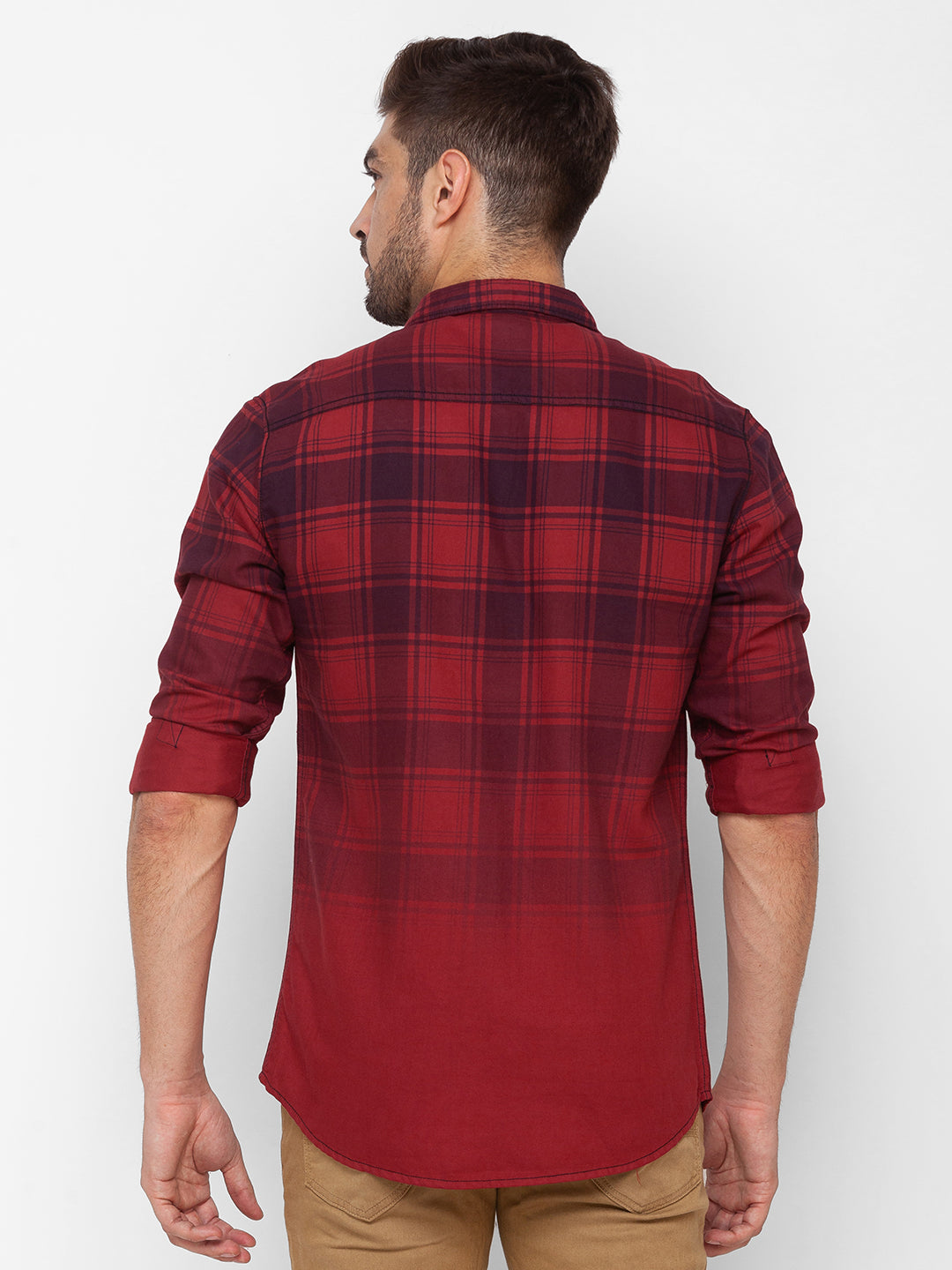 Spykar Deep Red Cotton Full Sleeve Checks Shirt For Men