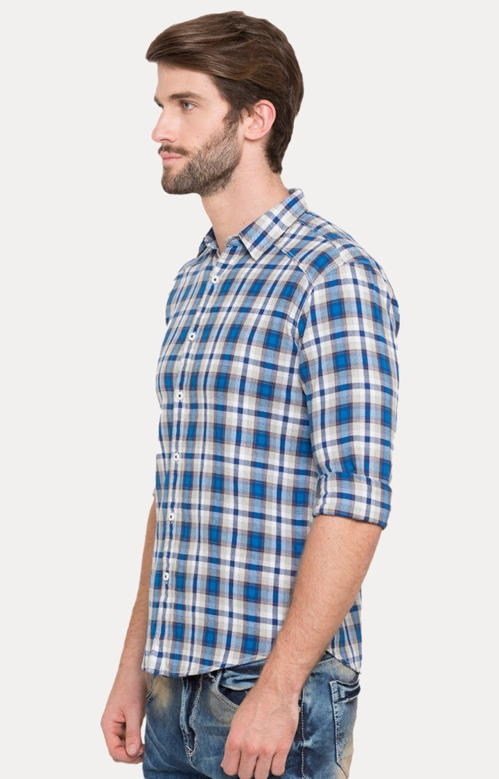 Spykar Men Blue Cotton Slim Fit Checkered Shirts