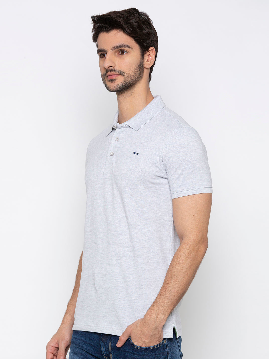 Spykar Men Grey Cotton Slim Fit Polo T-Shirt