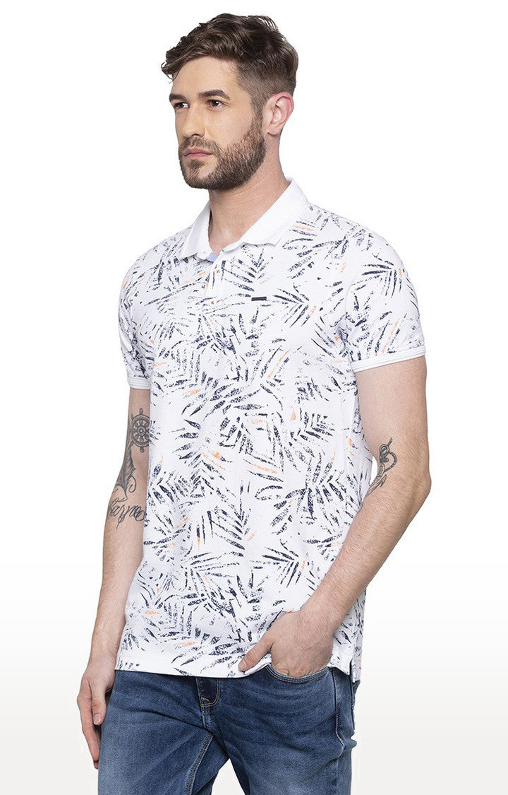 Spykar White Printed Slim Fit Polo T-Shirt