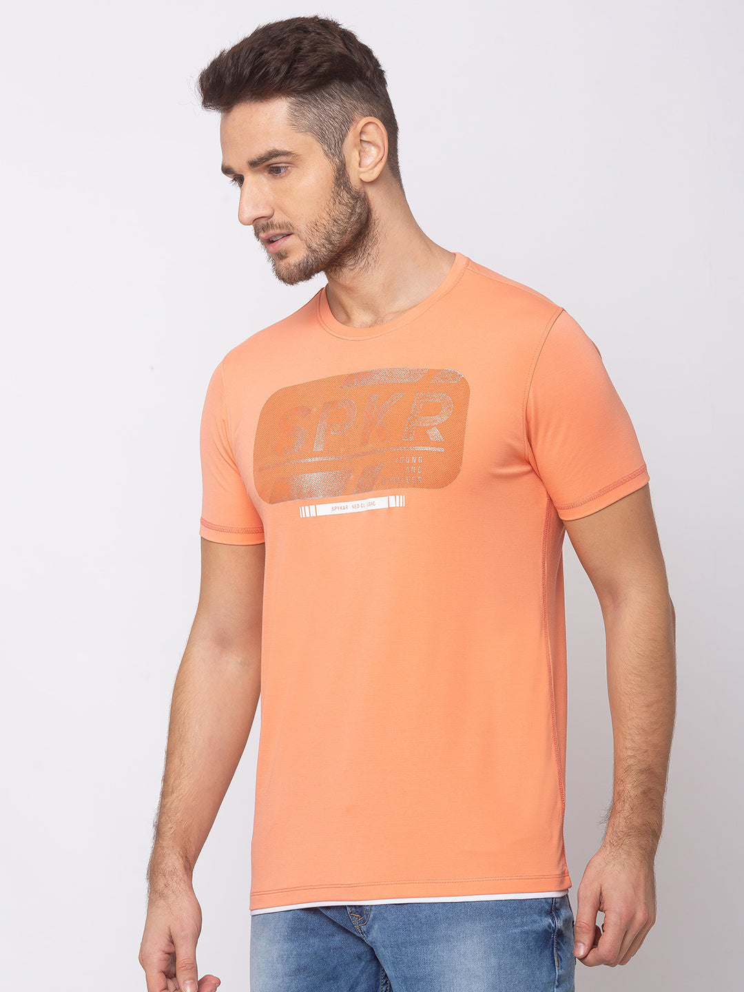 Spykar Men Pink Cotton Slim Fit Round Neck T-Shirt