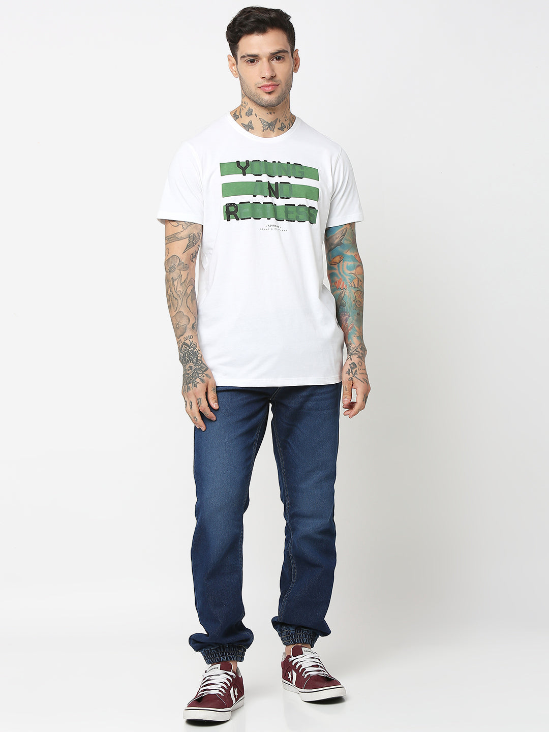 Spykar Men White Cotton Slim Fit Round Neck Printed T-Shirt