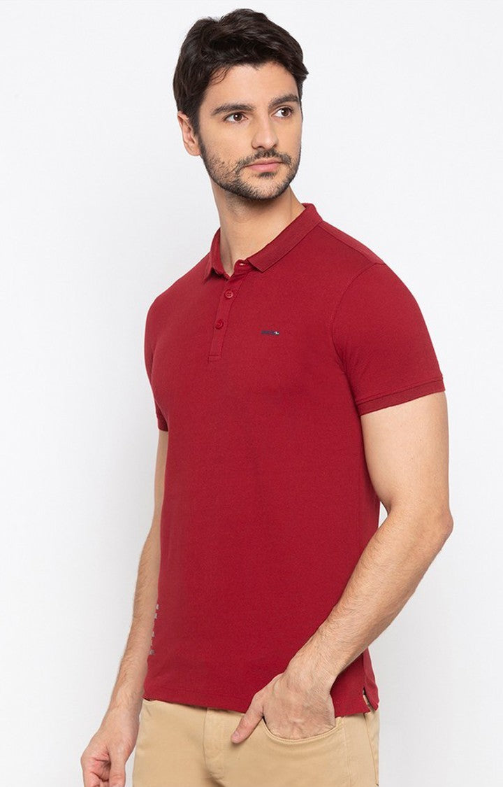 Spykar Men Red Cotton Slim Fit Polo T-Shirt