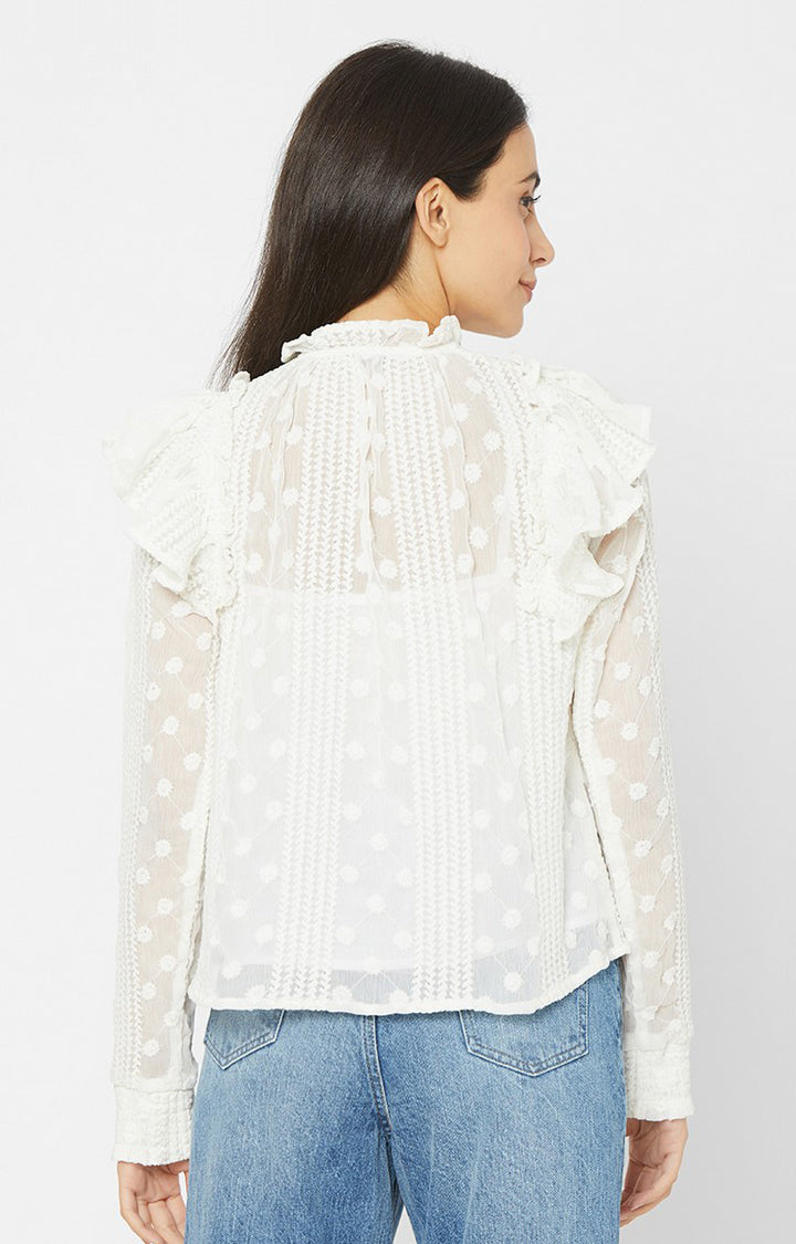 Spykar White Chiffon Casual Shirts (Regular)