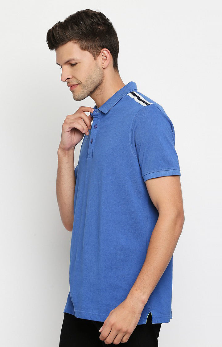 Spykar Men Blue Cotton Slim Fit Round Neck Polo T-Shirt