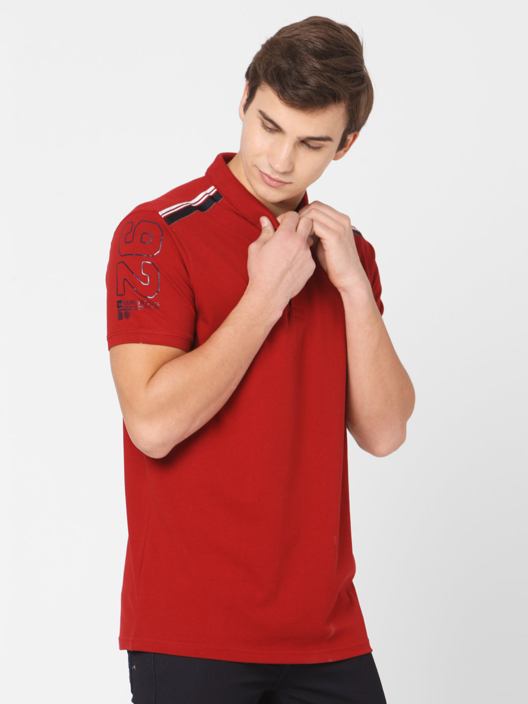 Spykar Men Red Cotton Slim Fit Polo T-Shirt