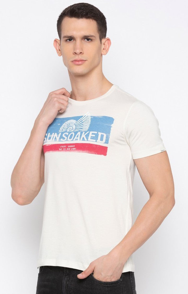 Spykar Men White Cotton Slim Fit Round Neck T-Shirt