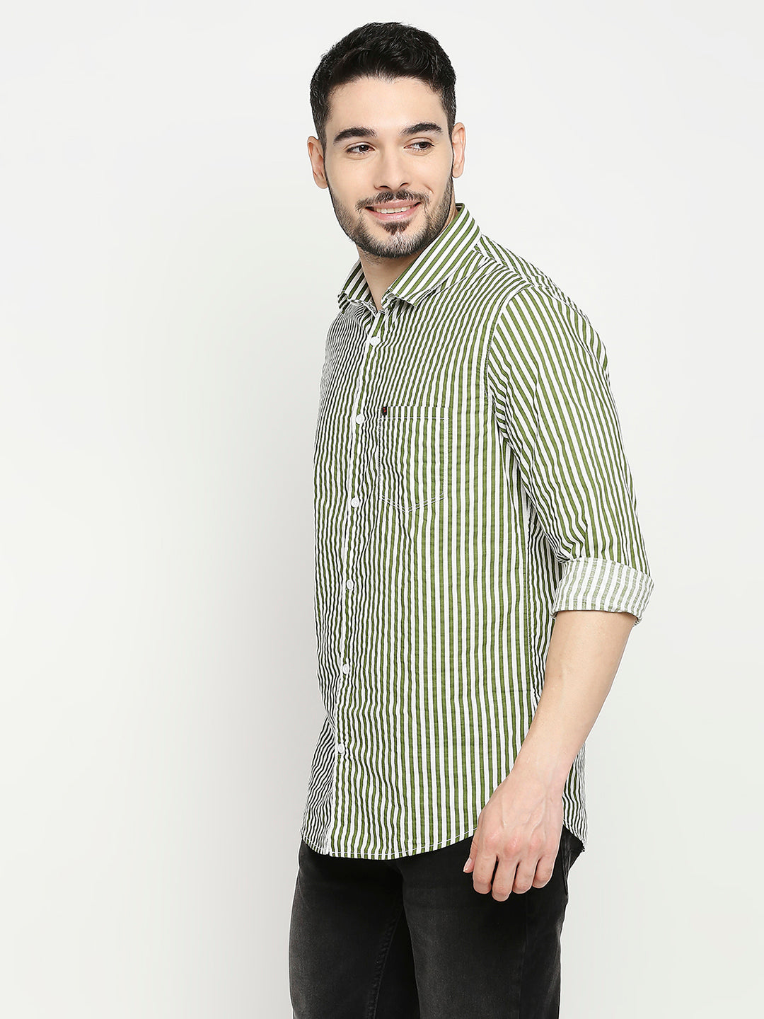 Spykar Cactus Green Cotton Full Sleeve Striped Shirt For Men