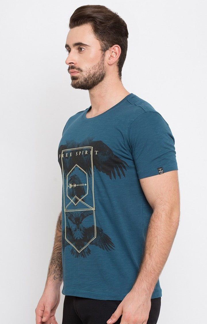 Spykar Teal Blue Printed Slim Fit Men T-Shirts