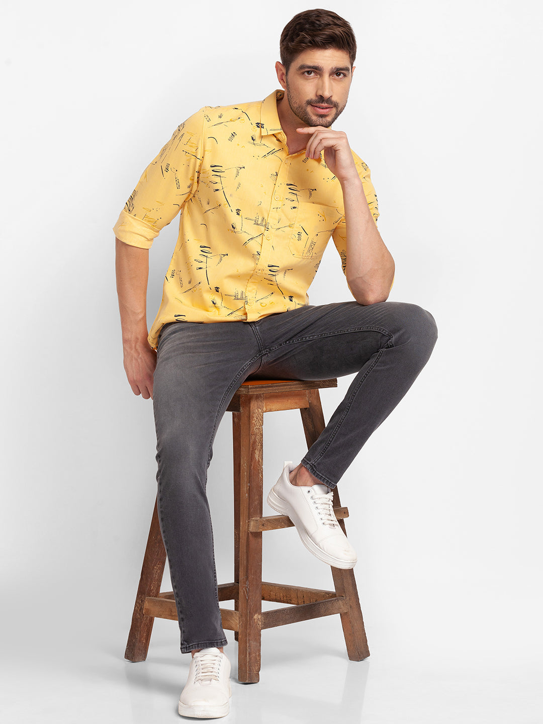 Spykar Chrome Yellow Cotton Full Sleeve Printed Shirt For Men