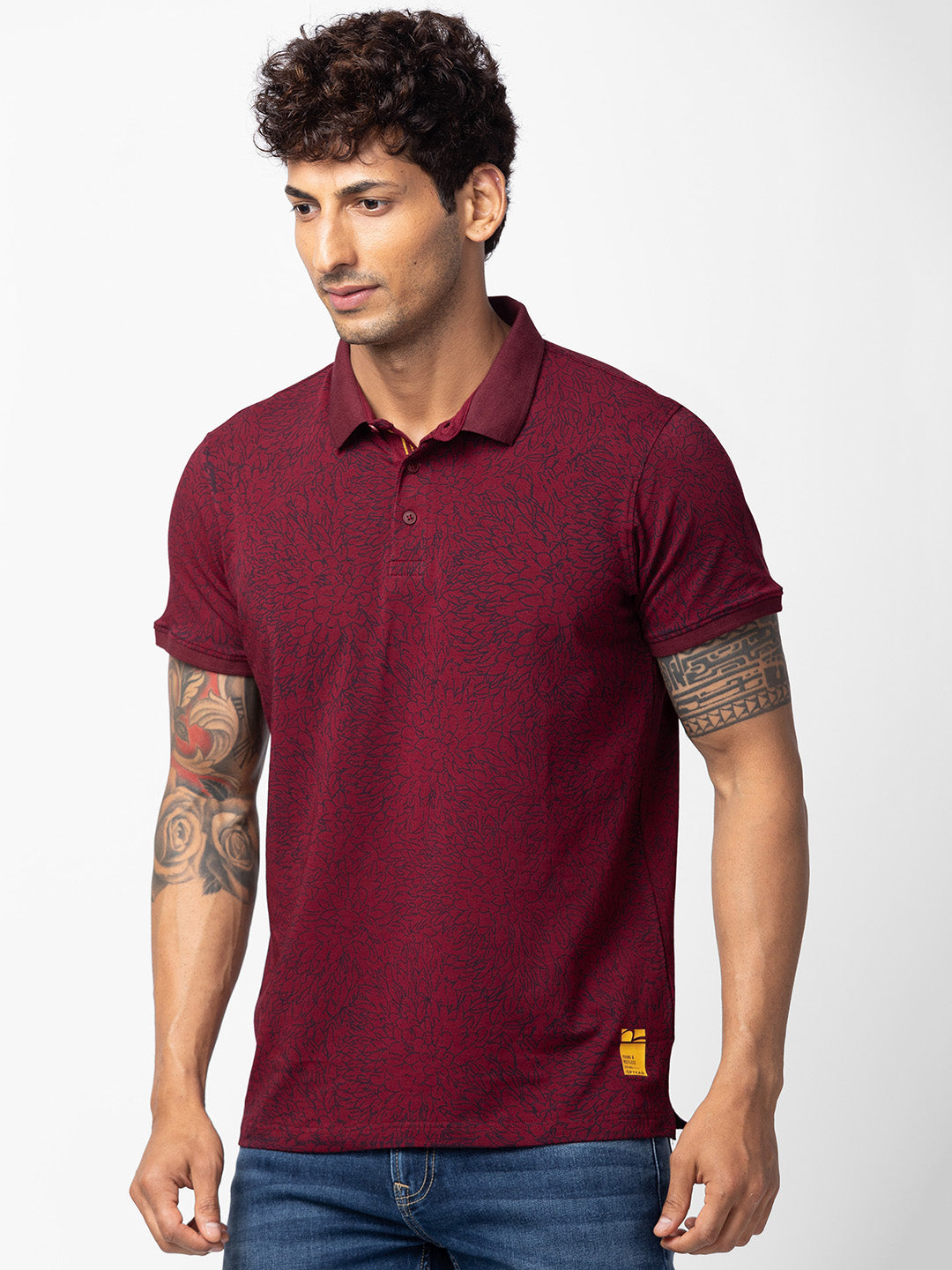 Spykar Men Wine Cotton Regular Fit Half Sleeve Printed Polo T-Shirt