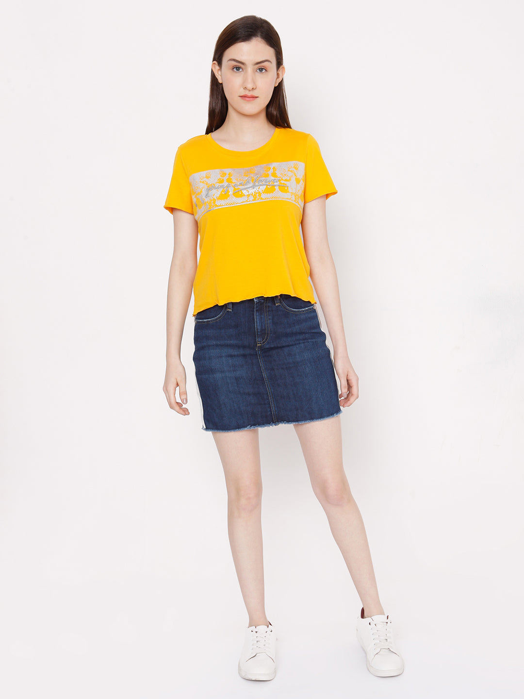 Spykar Women Yellow Cotton Slim Fit Round Neck T-Shirts