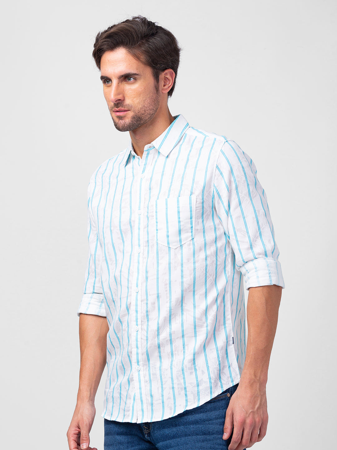 Spykar Men Cool Blue Cotton Slim Fit Striped Shirt