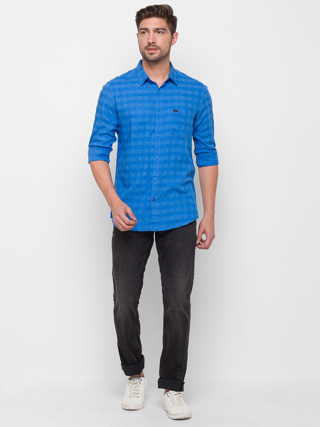 Spykar Blue Cotton Slim Fit Shirts For Men