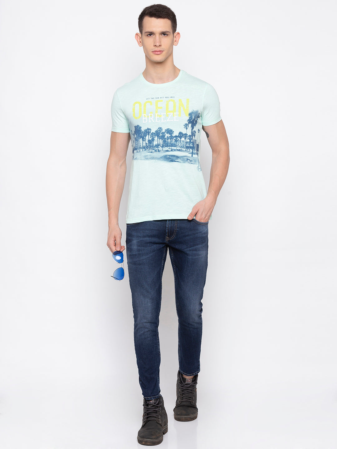 Spykar Men Aqua Printed Slim Fit T-Shirt