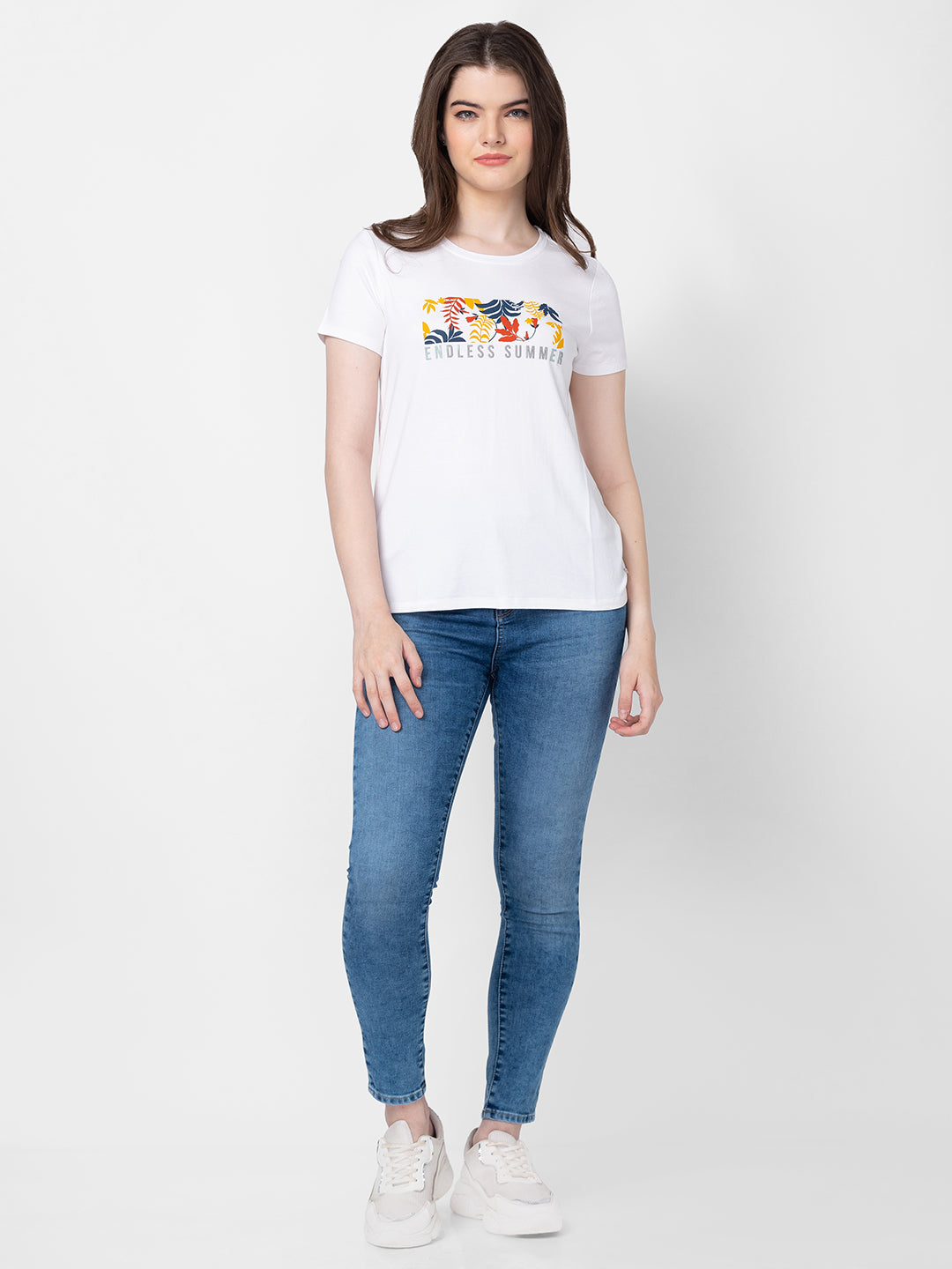 Spykar Women White Cotton Slim Fit Printed T-Shirts