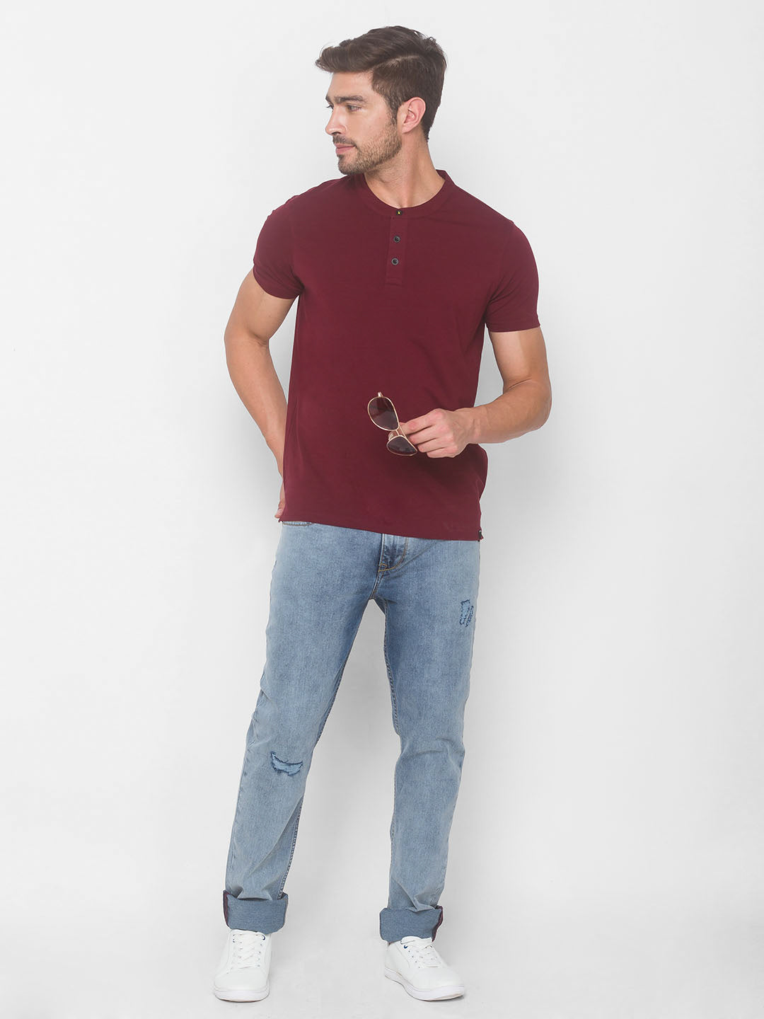 Spykar Men Red Cotton Slim Fit Round Neck T-Shirt