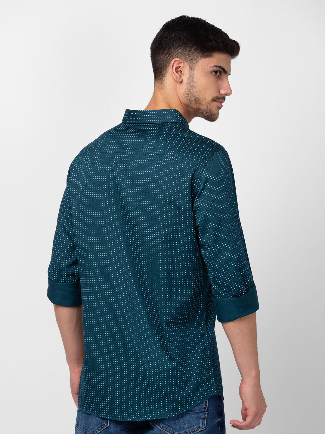 Spykar Men Teal Green Cotton Slim Fit Printed Shirt