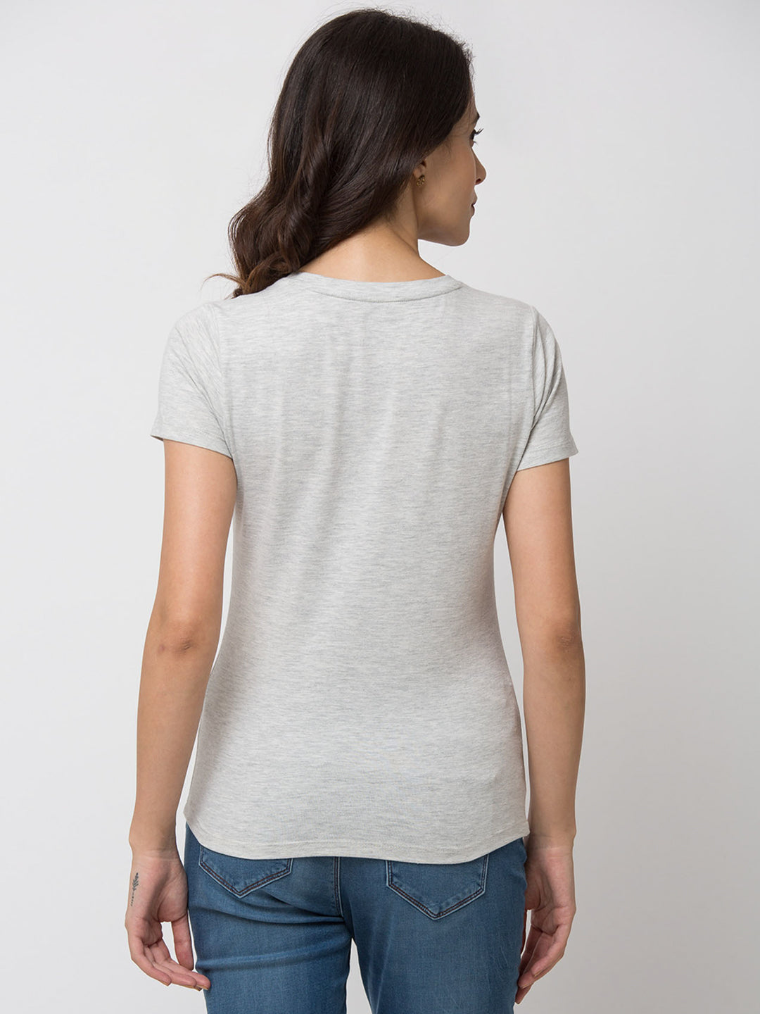 Spykar Women Grey Cotton Slim Fit Round Neck T-Shirt