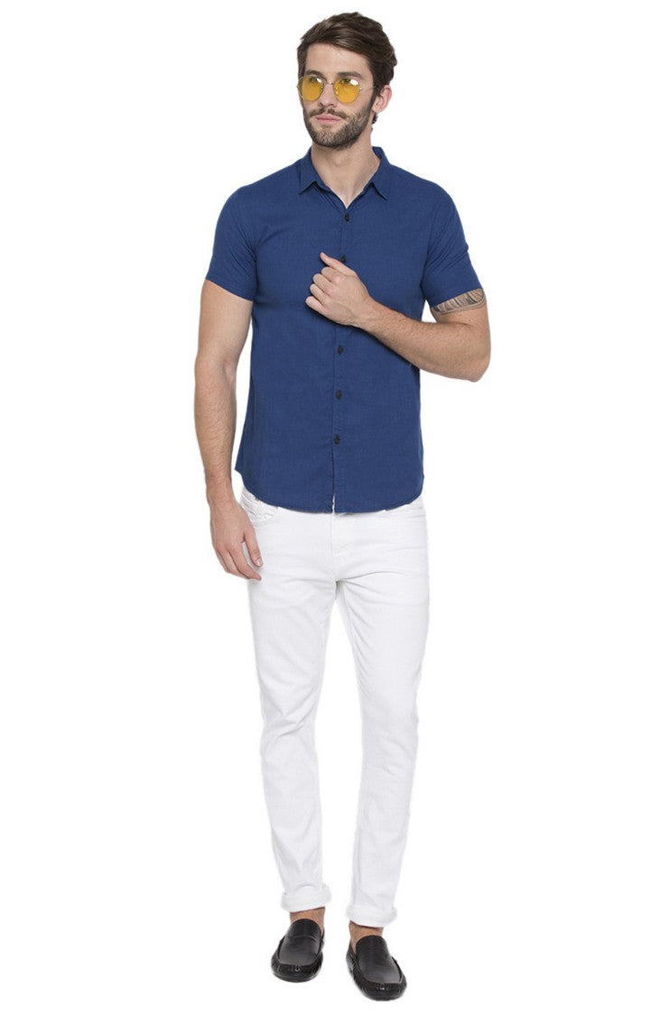 Spykar Men'S Blue Cotton Solid Casual Shirts