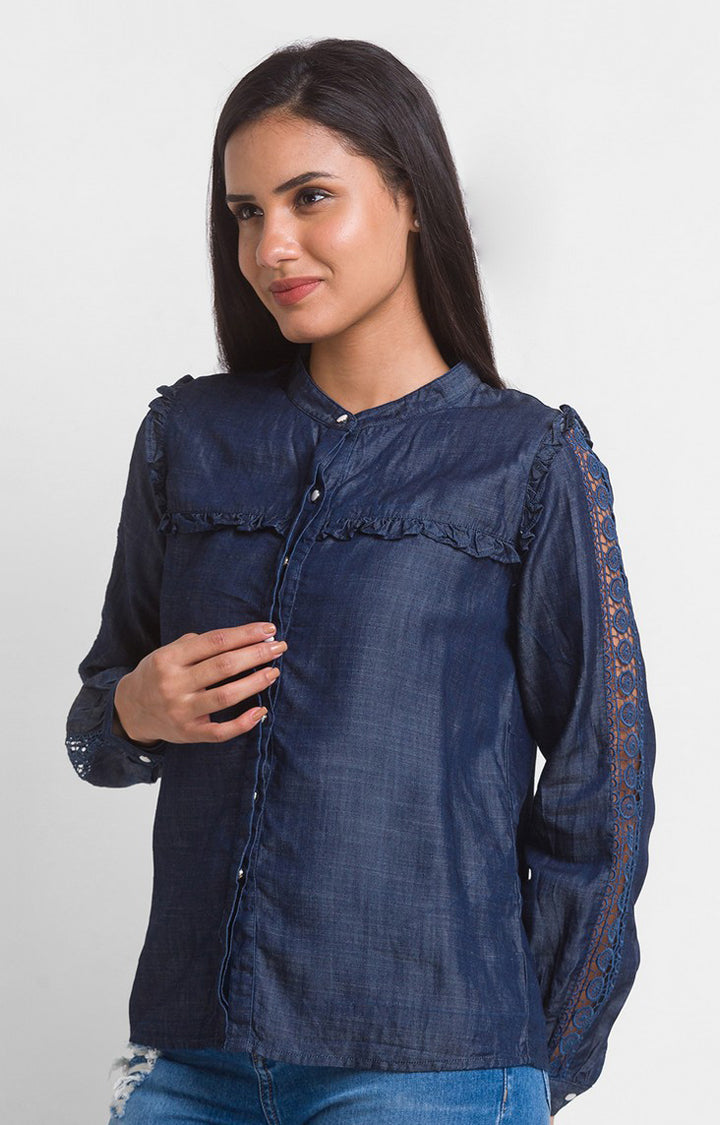 Spykar Mid Blue Cotton Full Sleeve Denim Shirts For Women