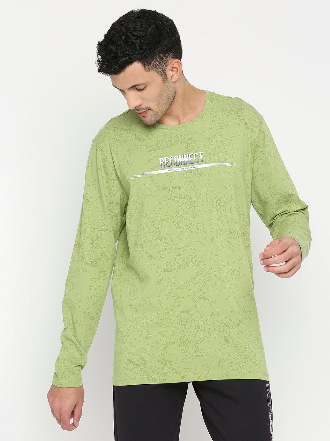 Spykar Dusty Green Cotton Blend Full Sleeve Printed Casual T-shirt For Men