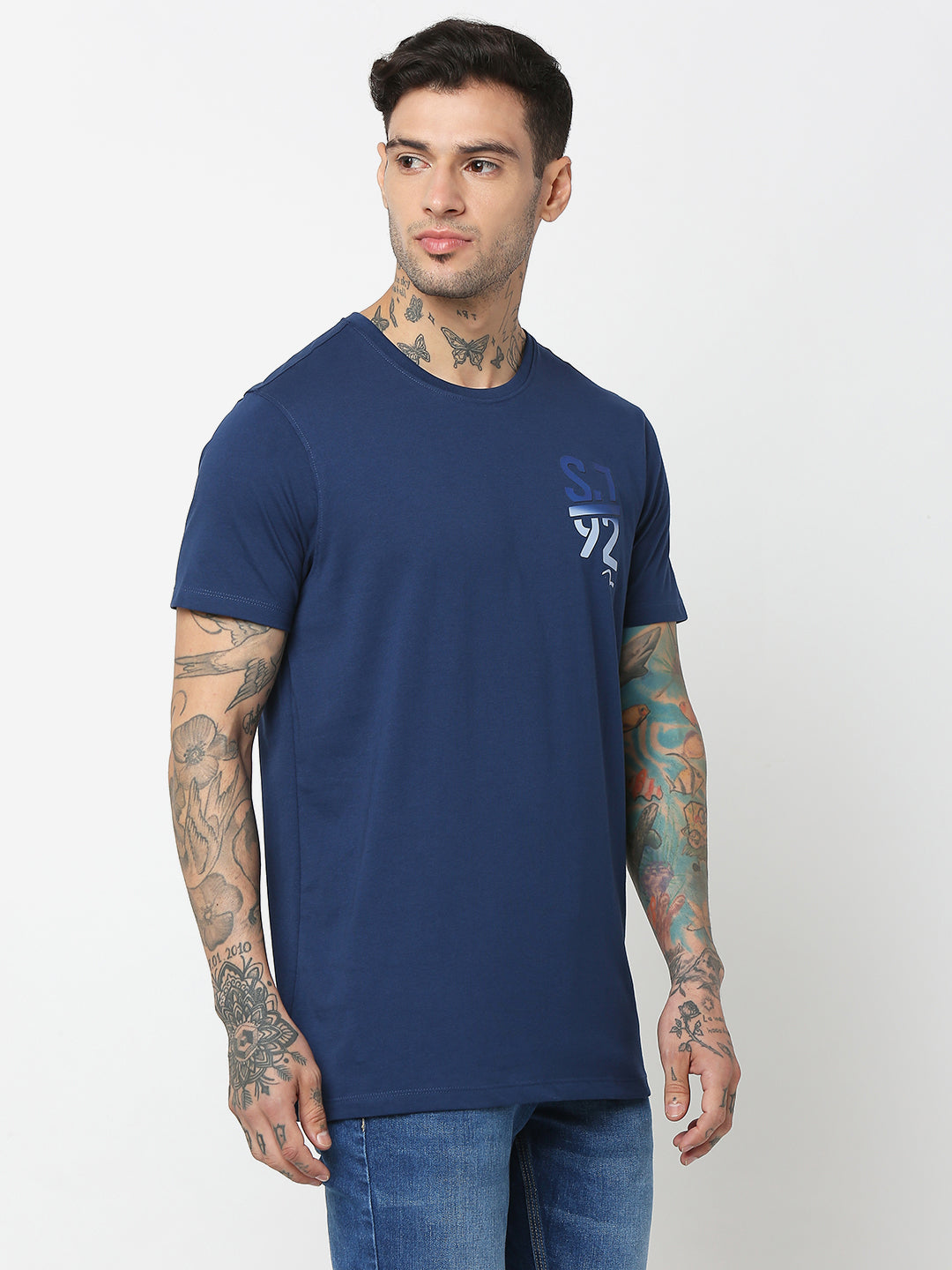 Spykar Men Indigo Blue Cotton Slim Fit Round Neck Plain T-Shirt