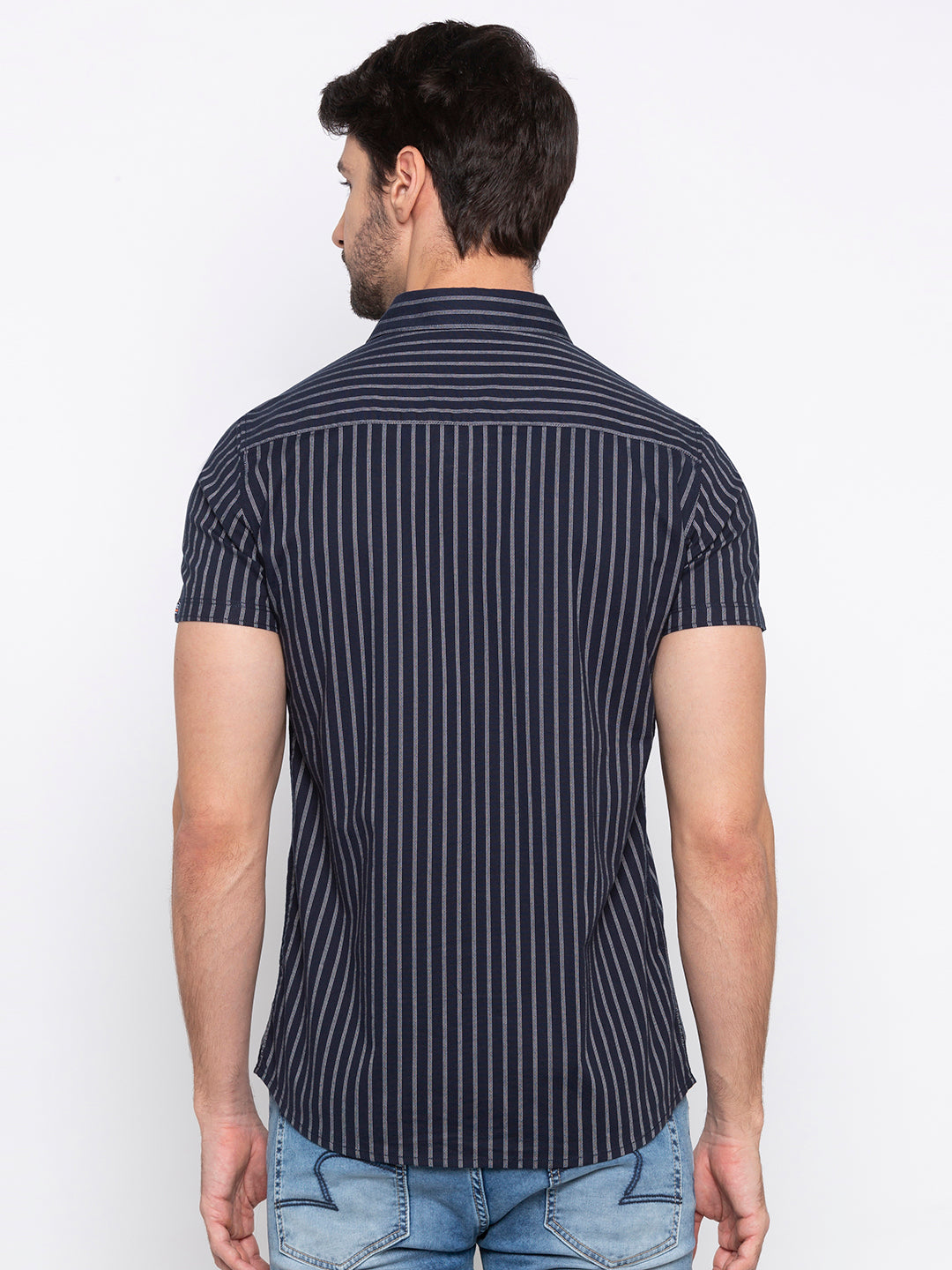 Spykar Men Navy Striped Slim Fit Casual Shirt